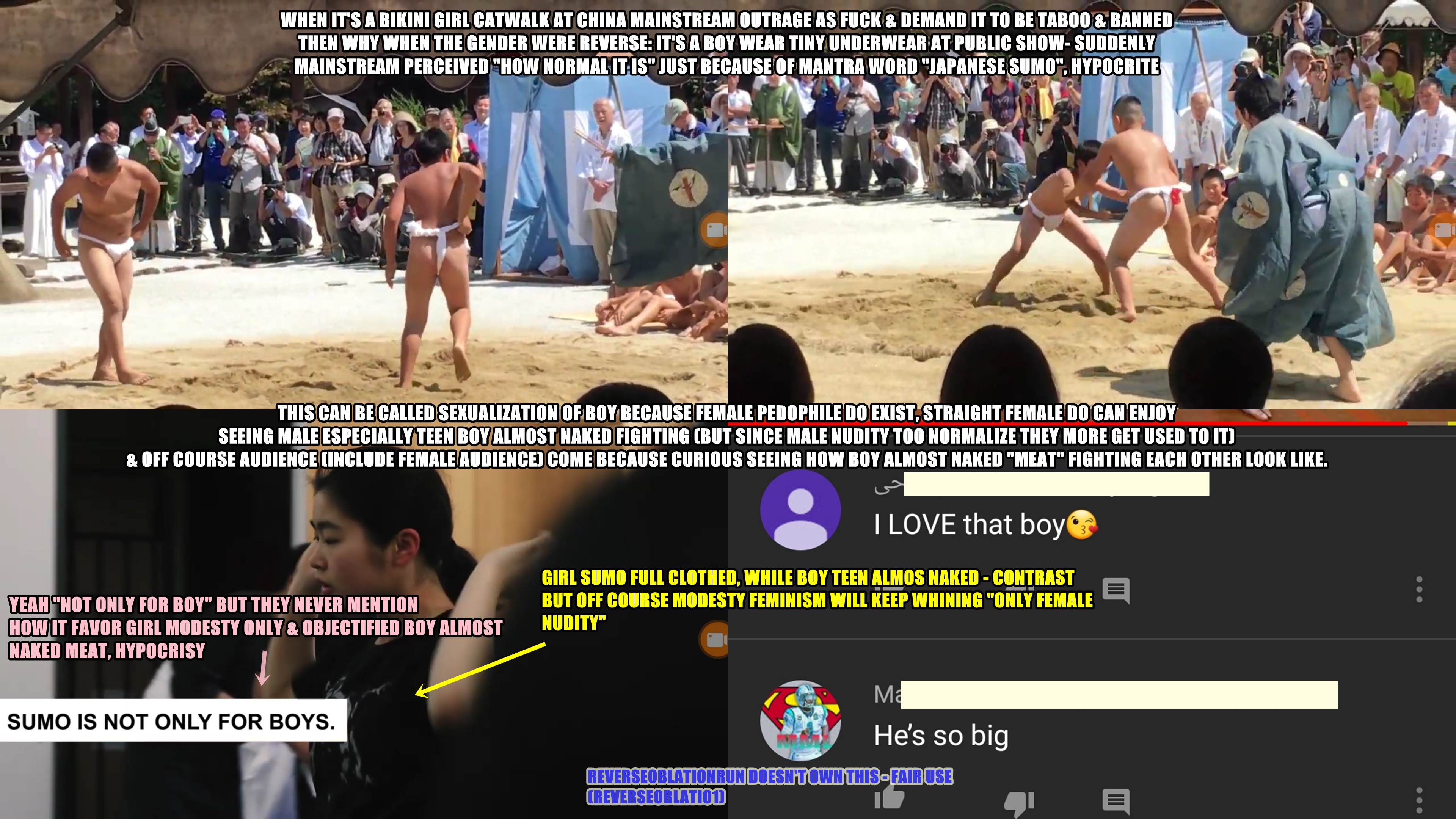 Sex negative (modesty type) feminism only care little girl modesty (bikini catwalk) while completely ignoring sexualization of our boy (Teen boy sumo + public indoor boy circumcision- Tuli/ Khitan + Boy frontal pic